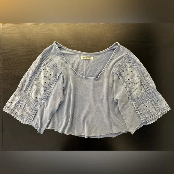 We The Free Light Blue Lace Sleeve Blouse - Picture 3 of 6